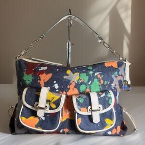 Vintage Y2K Dooney & Bourke Denim Graffiti Paint Splatter Shoulder Bag NWOT